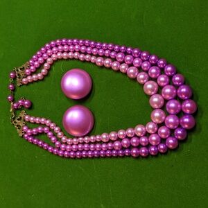 Vintage Pink Demi-Parure with 3-strand beaded necklace & clip-on button earrings